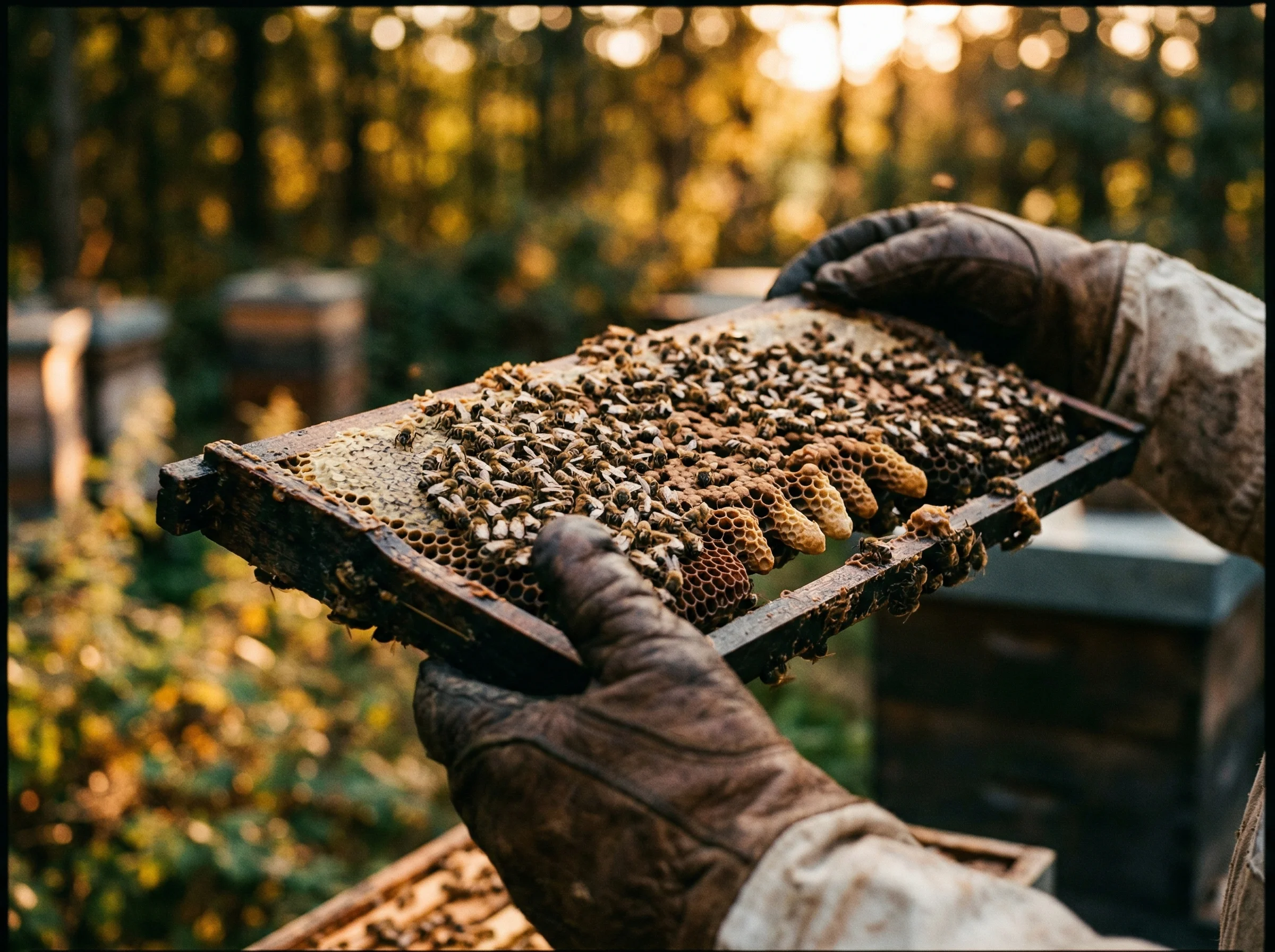 Pszczelarz pracujący z ramkami hodowlanymi